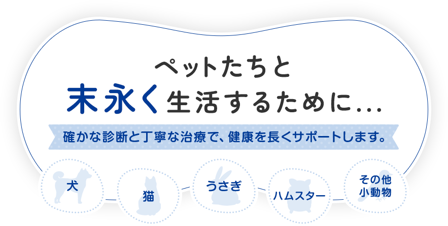ペットたちと末永く生活するために...確かな診断と丁寧な治療で、健康を長くサポートします。